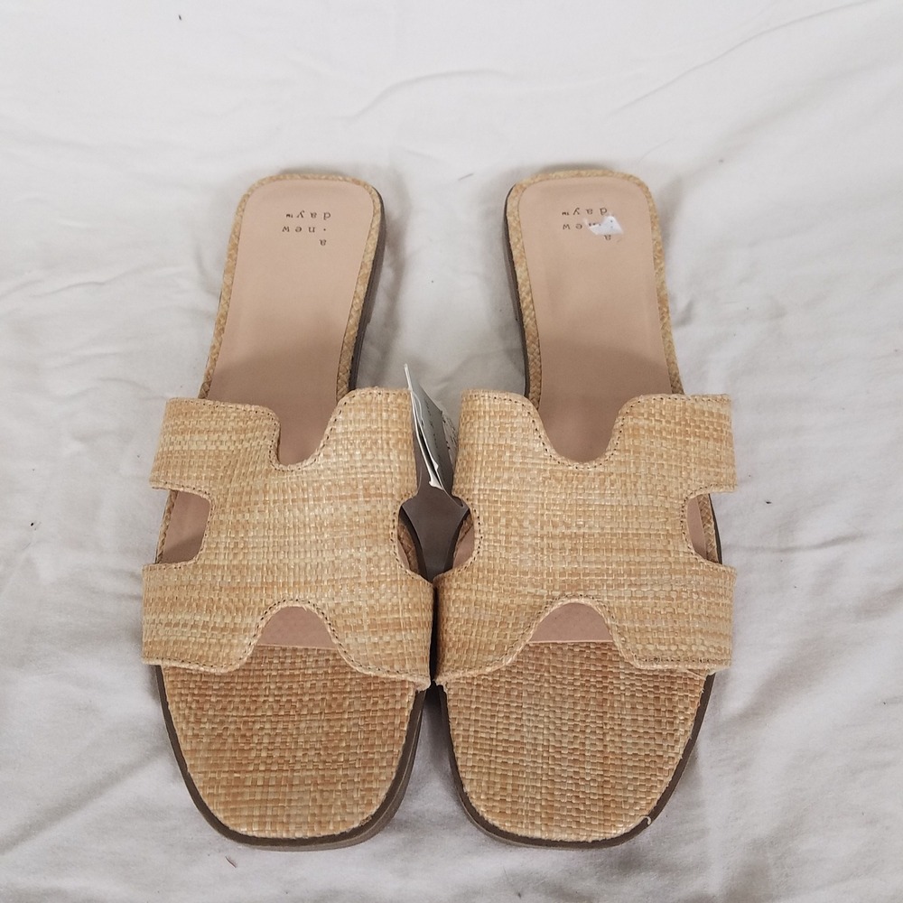 A New Day Slide Sandals Womens 11 Tan New Woven H-Strap Square Toe Flat Shoes